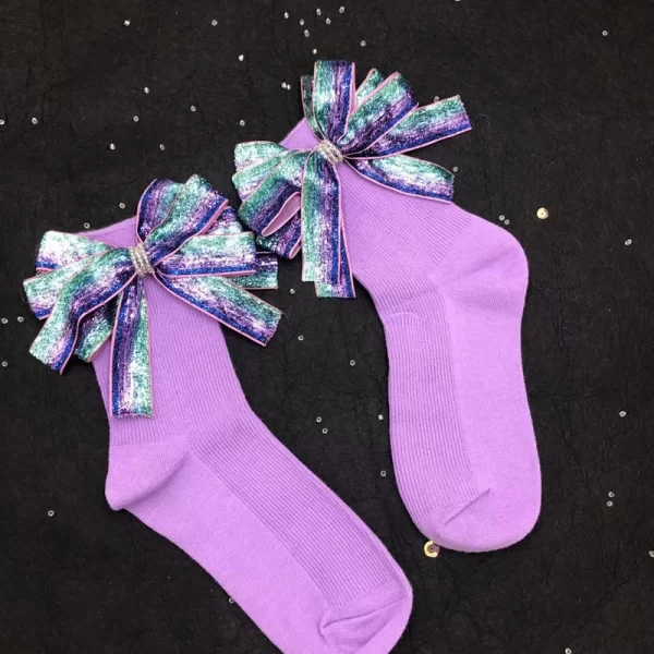 Handmade Beaded Shiny Bow Candy Color Socks