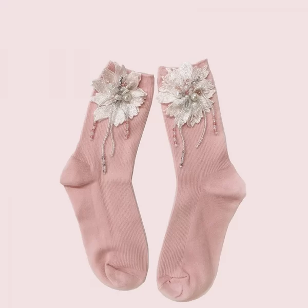 Handmade lace embroidered pearl tassel socks