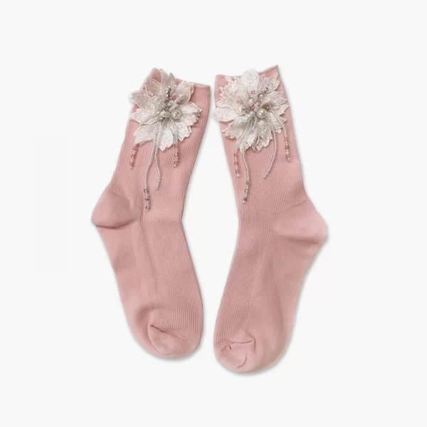 Handmade lace embroidered pearl tassel socks