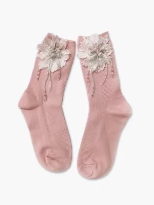 Handmade lace embroidery pearl tassel women's socks 5