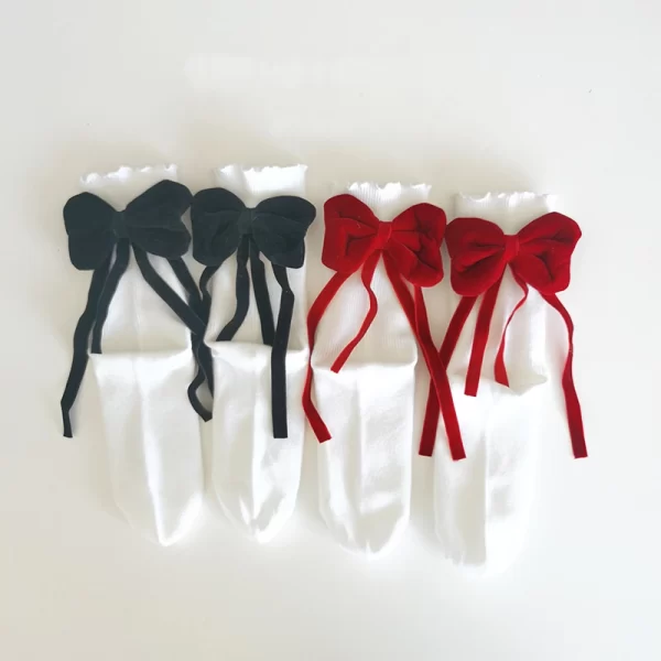 Handmade original velvet red and black bow white socks