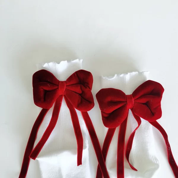 Handmade original velvet red and black bow white socks
