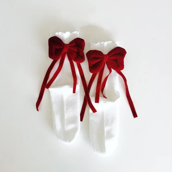 Handmade original velvet red and black bow white socks