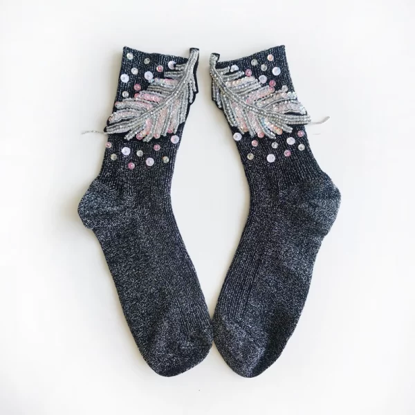 Hand-beaded sequined diamond socks